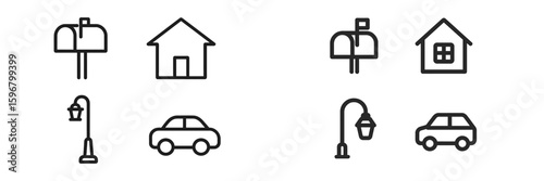 Simple line drawings of a house, mailbox, street lamp, and cars arranged in a grid format against a plain background