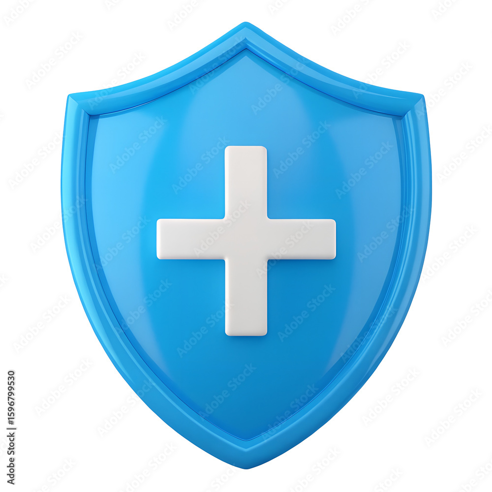 Fototapeta premium Blue shield with white cross symbol isolated on transparent background