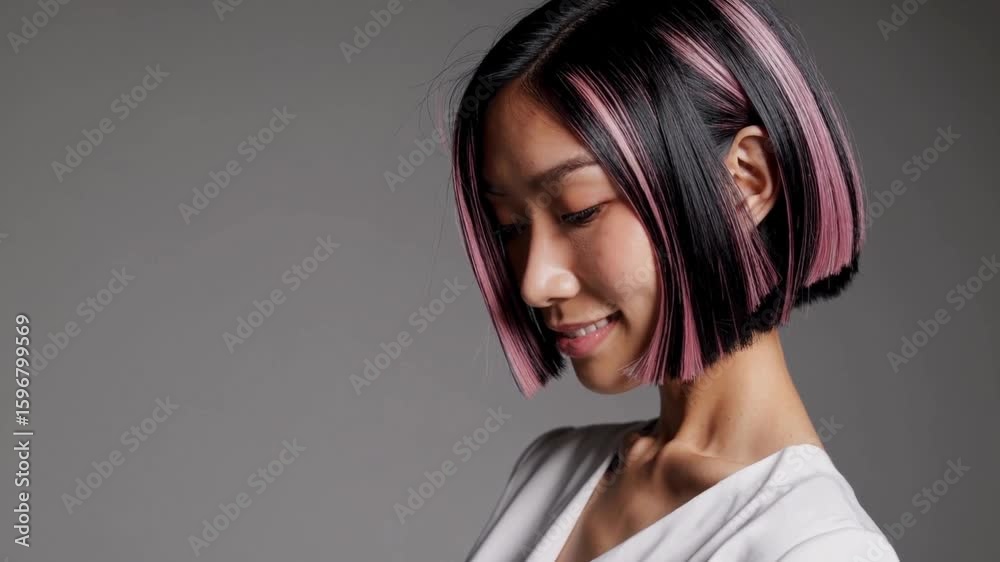 Stylish woman with pink and black bob haircut