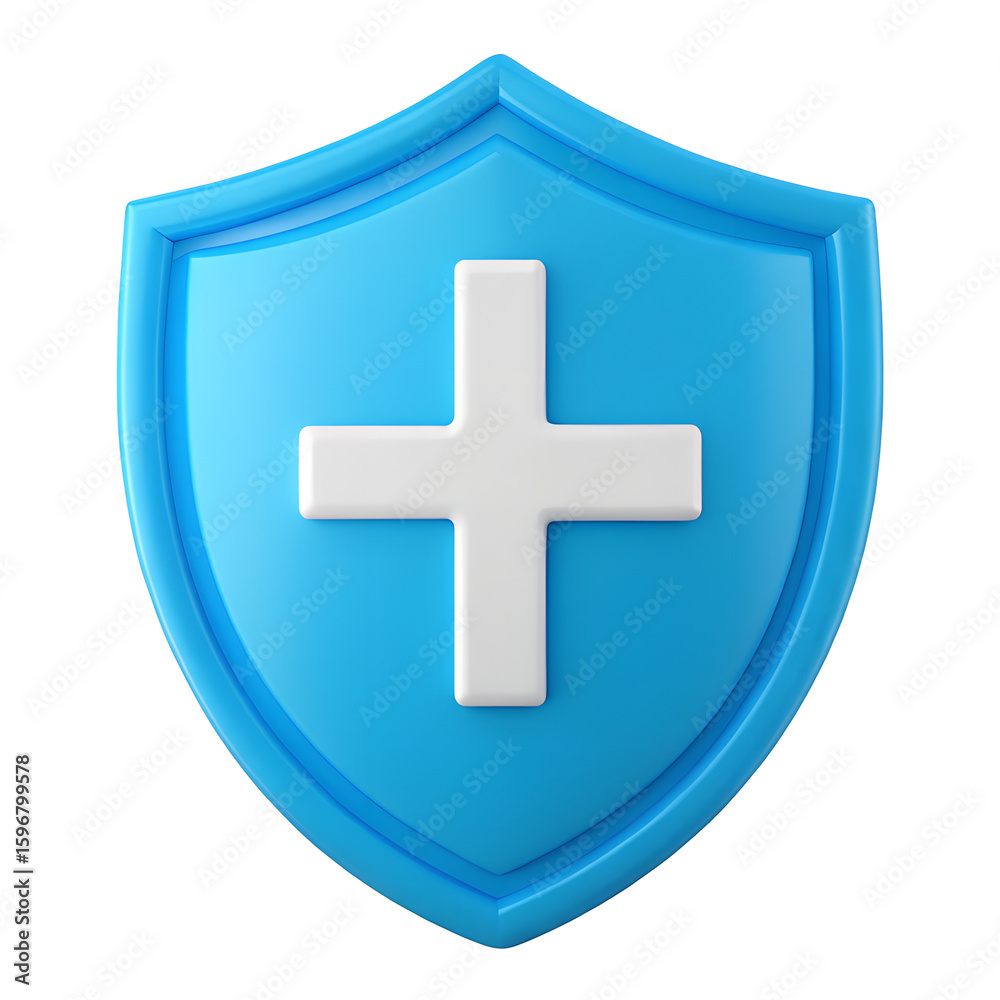 Fototapeta premium Blue shield with white cross symbol isolated on transparent background