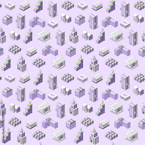 Cartoon Color Crypto City Concept Seamless Pattern Background 3d Isometric View Line Elements. Vector illustration of Building Architecture