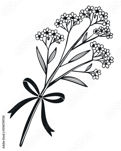 Black and white illustration of a forget me not flower bouquet with a bow