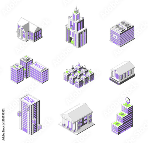 Cartoon Color Diverse Buildings Architecture Crypto City Concept 3d Isometric View Line Elements Isolated on a White Background. Vector illustration