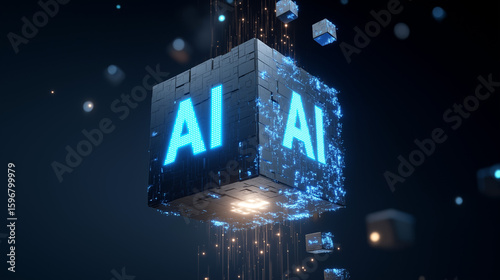  Glowing blue AI cube floats in space, surrounded by digital streams, data blocks, and tech elements., abstract blue background