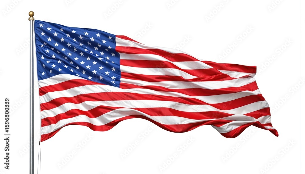 Obraz premium American flag proudly waving on white background. Red, white, and blue colors symbolize America freedom. Flag fluttering in breeze, motion added to scene. Vibrant colors, strong symbol of nation.