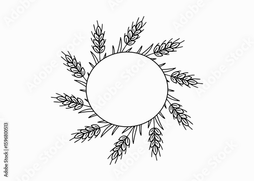 Wheat ears circle frame in hand-drawn doodle style. Perfect for labels, eco packaging, farm logos.