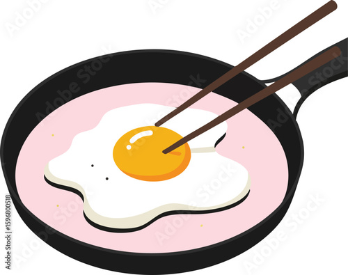 Fried egg cooking with chopsticks in frying pan simple vector illustration food breakfast concept 