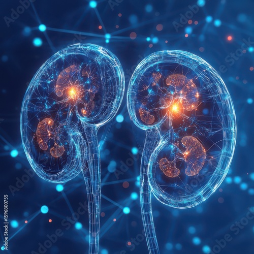 Futuristic Digital Kidney Anatomy with Neural Connections on Blue Tech Background