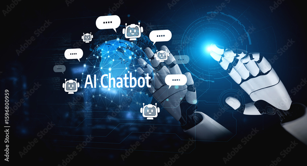 Fototapeta premium AI Virtual Assistant Artificial Intelligence Chatbot Controlled by Prompt Engineering for Explainable Generative AI information and LLM Deep Learning Technology for Smart Business Work Support. Vouch