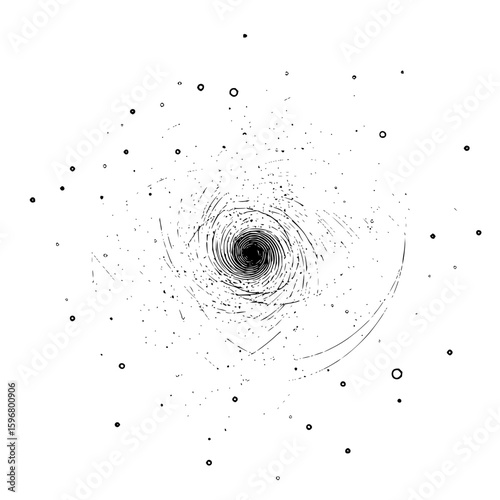 Abstract spiral design with radiating lines converging towards a central black circle shape in white space