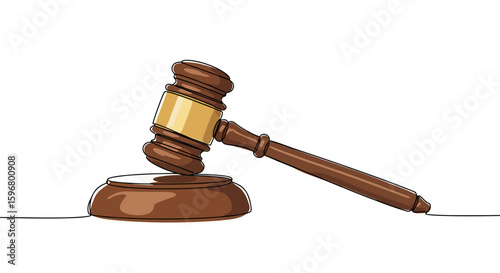 Judge's Gavel Symbolizing Law, Decision, and Justice — one line doodle drawing with watercolor fill, minimalistic vector illustration on white background
