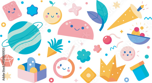 Cute Kawaii Space and Food Elements planet stars