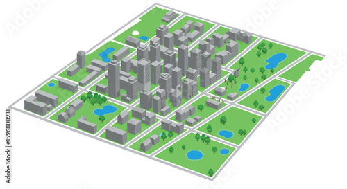 Isometric cityscape with green parks and modern architecture