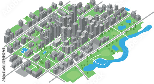 Isometric urban cityscape with skyscrapers and green parks