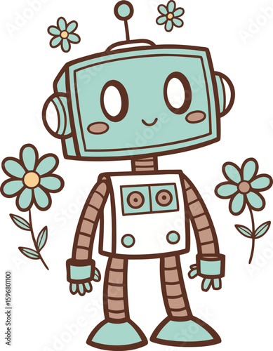 Cute cartoon robot with flowers illustration character