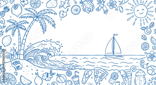 Large page border featuring tropical doodles in blue line art with ocean scene and sailing boat