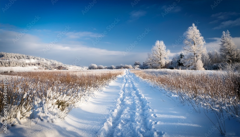 Obraz premium snow covered path through a field in winter