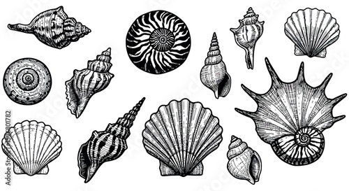 Vintage seashell collection in intricate black and white detailed engraving style