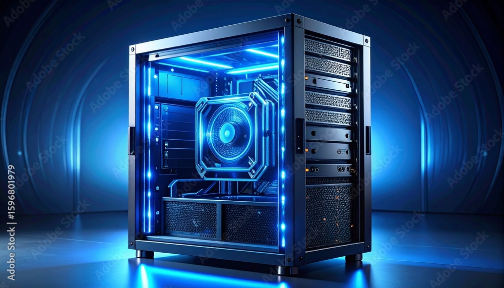 Fototapeta premium A modern computer case with bright blue lights, showcasing a tech design.