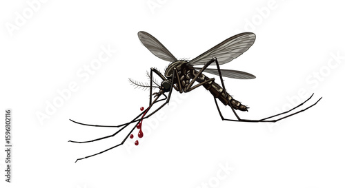 Close-up mosquito feeding with blood drops on white background