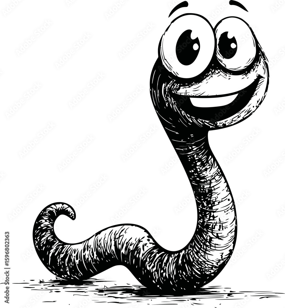 Fototapeta premium Cheerful cartoon worm with big eyes in black and white sketch illustration. Vector illustration
