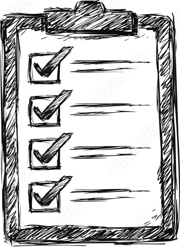 Hand-drawn checklist on a clipboard with marked checkboxes, sketch illustration. Vector illustration