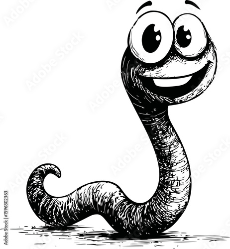 Cheerful cartoon worm with big eyes in black and white sketch illustration. Vector illustration