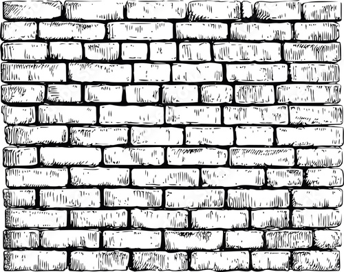 Hand-drawn brick wall pattern with black and white sketch effect illustration. Vector illustration