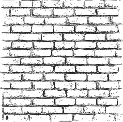 Detailed sketch of a brick wall with black outlines and white filling, illustration. Vector illustration