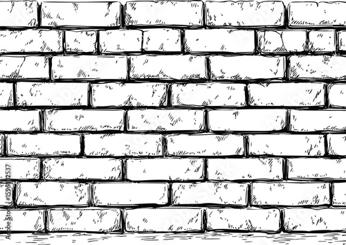 Hand-drawn monochrome brick wall pattern with realistic texture sketch. Vector illustration