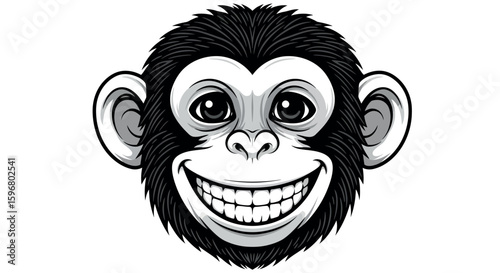 Smiling chimpanzee face in detailed black and white art on white background