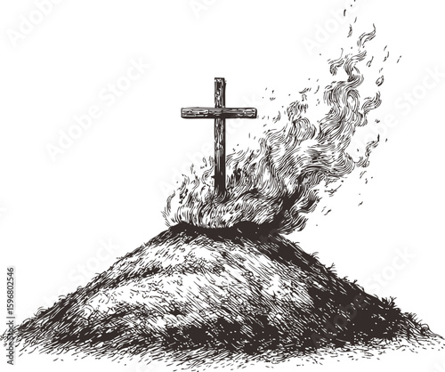 Wooden cross on a burning hill in black and white illustration, religious symbolism. Vector illustration