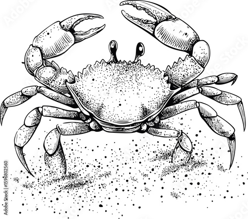 Detailed black and white sketch of a crab with intricate textures, ink drawing. Vector illustration