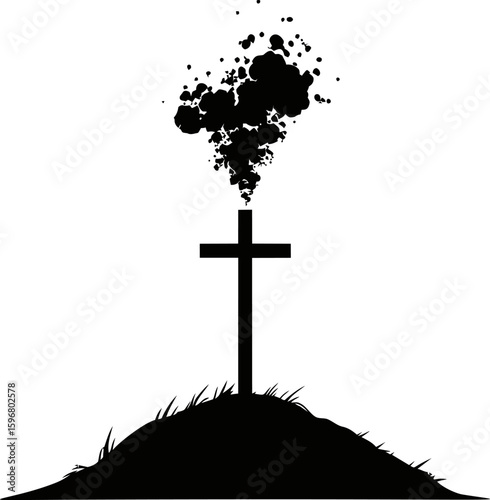 Silhouette of a cross on a hill with black smoke artistically rising. Vector illustration