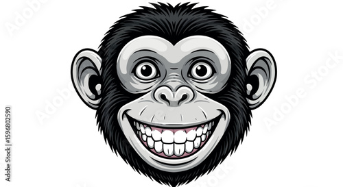 Smiling primate head with expressive eyes and wide grin on white background