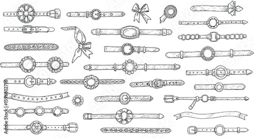 Hand-drawn fashion accessories collection of stylish belts with ornamental designs
