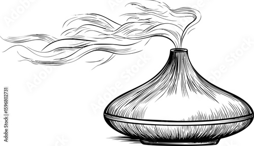 Aromatic diffuser sketch with vapor swirling in elegant lines, line art illustration. Vector illustration