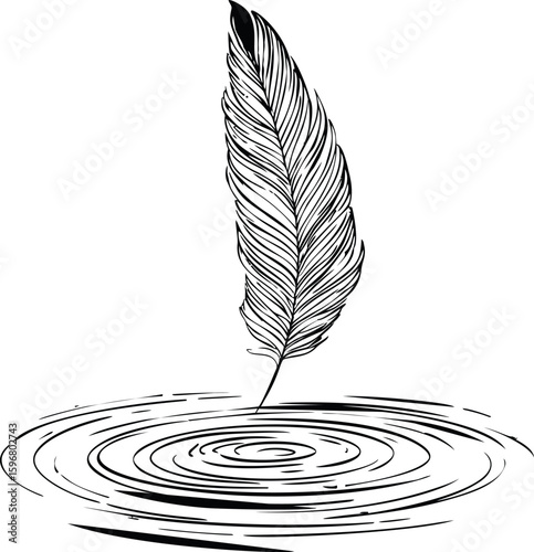 Quill feather creating ripples in calm water, abstract ink illustration. Vector illustration