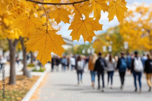 Golden maple leaves hang from a branch, blurred people walk on a path in the background, enjoying a beautiful autumn day.