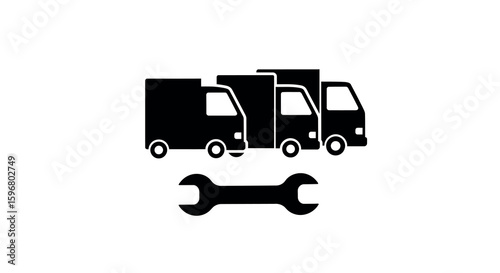 Silhouette of delivery trucks with wrench symbol for logistics and repair services