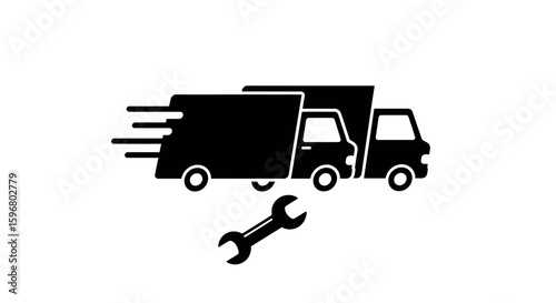 Silhouette icon of fast delivery truck with wrench emblem for repair services
