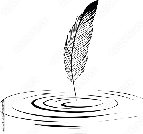 Feather gracefully floating on water creating circular ripples. Vector illustration