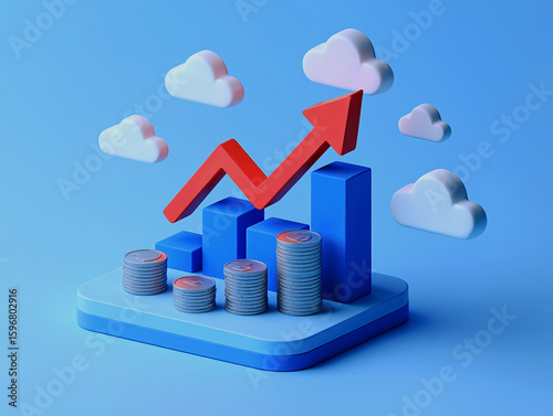 Financial Growth Illustration with Rising Blue Bar Charts, Coin Stacks, Red Upward Arrow, and Clouds — Visual Metaphor for Economic Performance and Positive Investment Trajectory