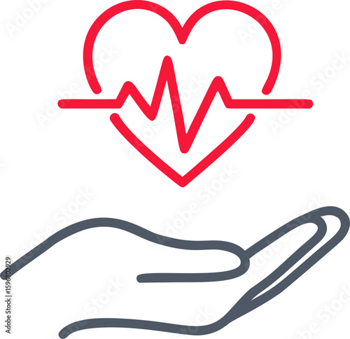 Red heartbeat line in heart shape above open hand symbol. Vector illustration