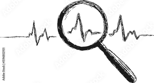 Magnifying glass examining heartbeat line in monochrome sketch style. Vector illustration