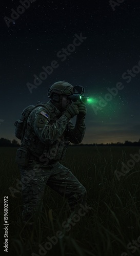 Soldier at night, aiming tactical gear