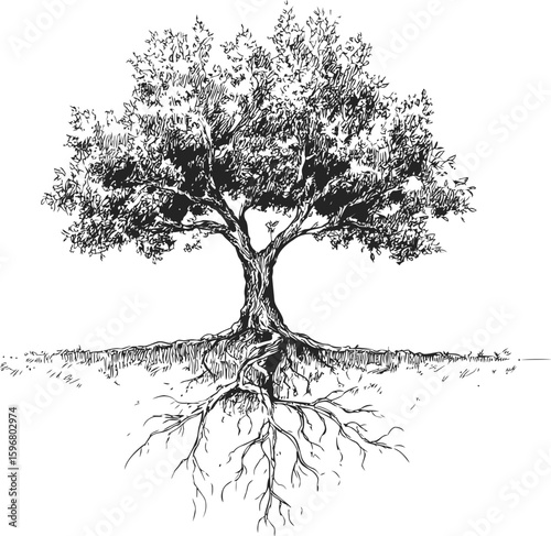 Intricate black and white illustration of a tree with exposed roots. Vector illustration