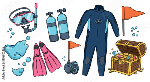 Dive into treasure: cartoon dive gear and treasure chest collection