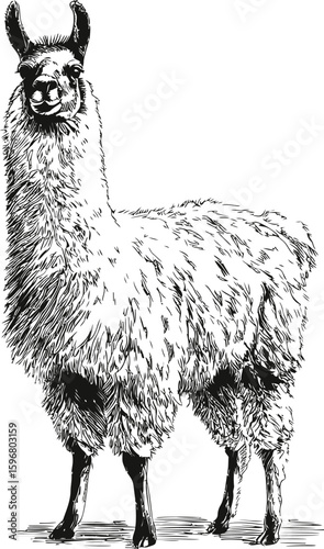 Detailed black and white illustration of a standing llama, vintage style graphic. Vector illustration