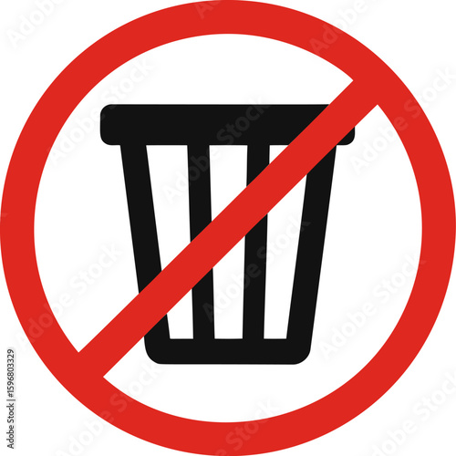 No littering sign with red circle and slash over trash can icon. Vector illustration